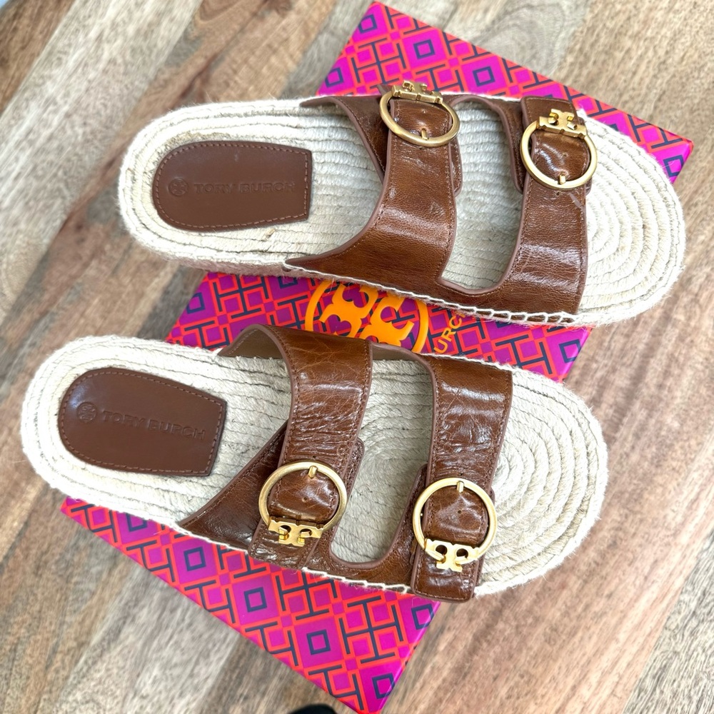 Tory Burch Selby Two Band Espadrille Slide Sandal Waxy Napa Leather Syru…